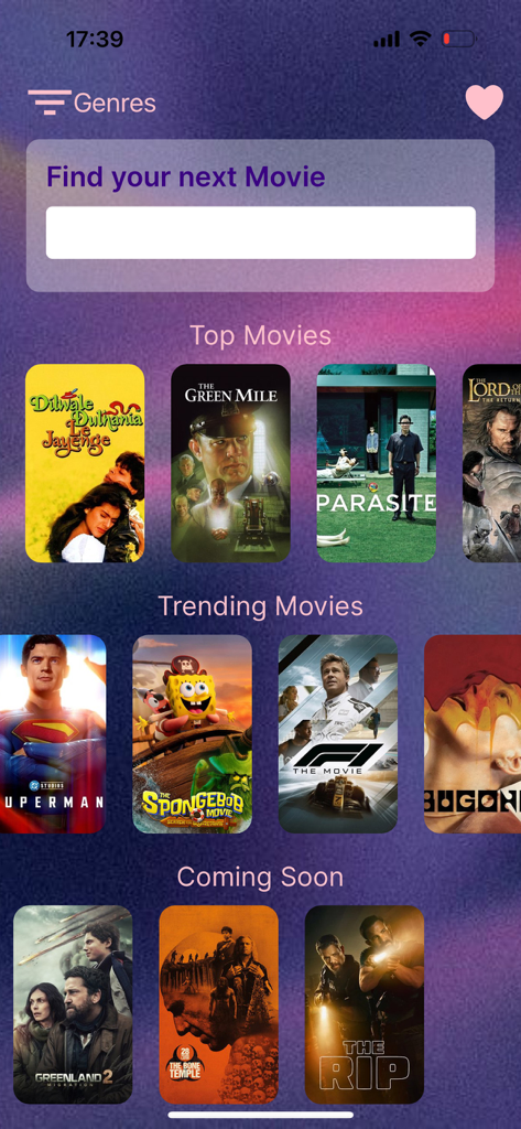 Movio: movies watchlist - Movio app home screen showing a movie search bar and curated lists for Top Movies Trending Movies and Coming Soon