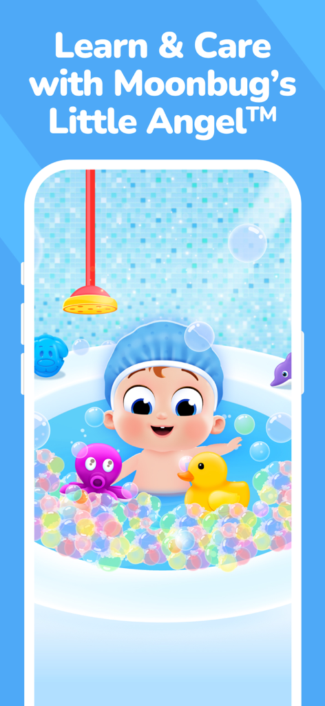 Kiddopia: Kids Learning Games - Personaje Little Angel de Moonbug tomando un baño con un patito de goma y juguetes en la aplicación Kiddopia