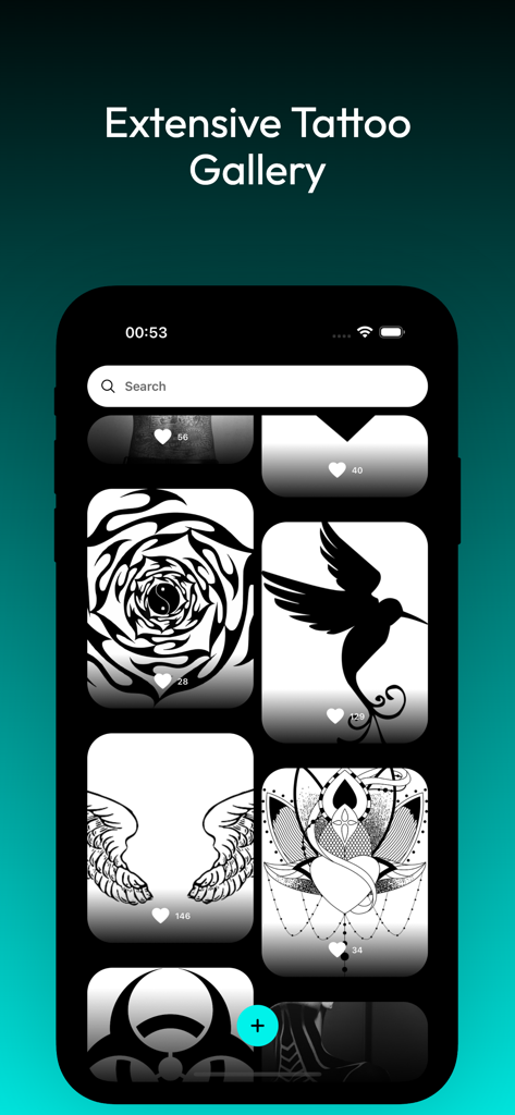 Screenshot der TattooTune App, der eine Galerie von Schwarz-Weiß-Tattoo-Designs zur Auswahl zeigt.