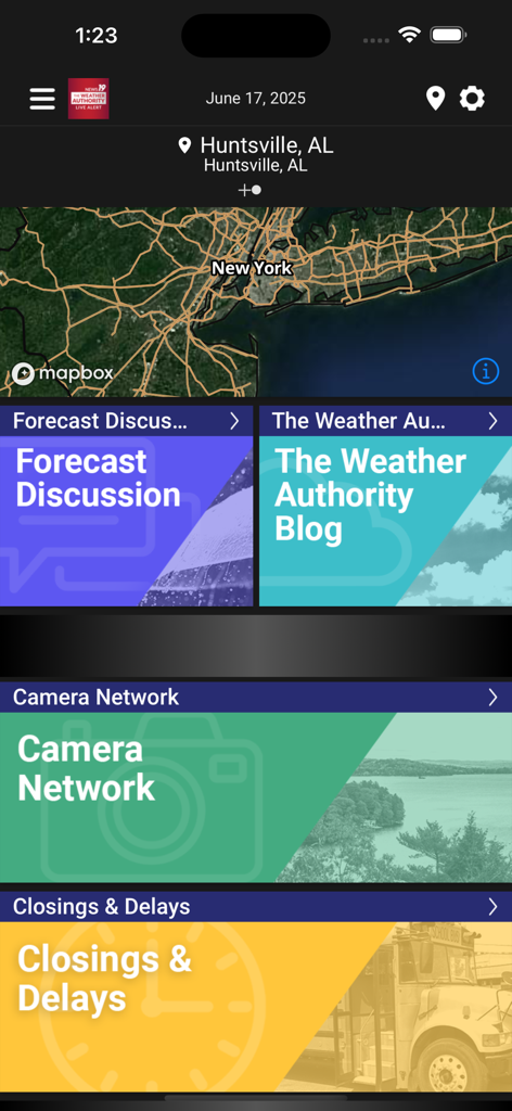 Home screen of the WHNT Live Alert 19 weather app featuring radar and local news sections
