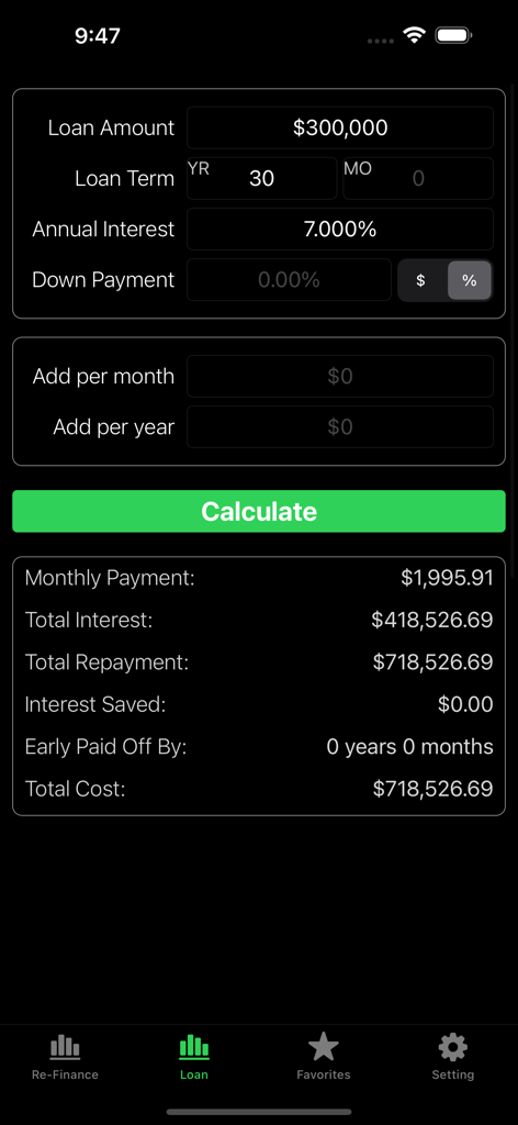 Refinance-Home Loan Calculator - Pantalla de smartphone que muestra una calculadora de préstamos hipotecarios con resultados de pago mensual e interés total para un préstamo de trescientos mil dólares