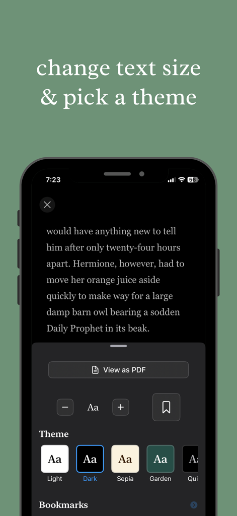 scrolly: cute pdf ebook reader - Interface of scrolly app showing customization options for text size and reading themes like Dark Sepia and Garden