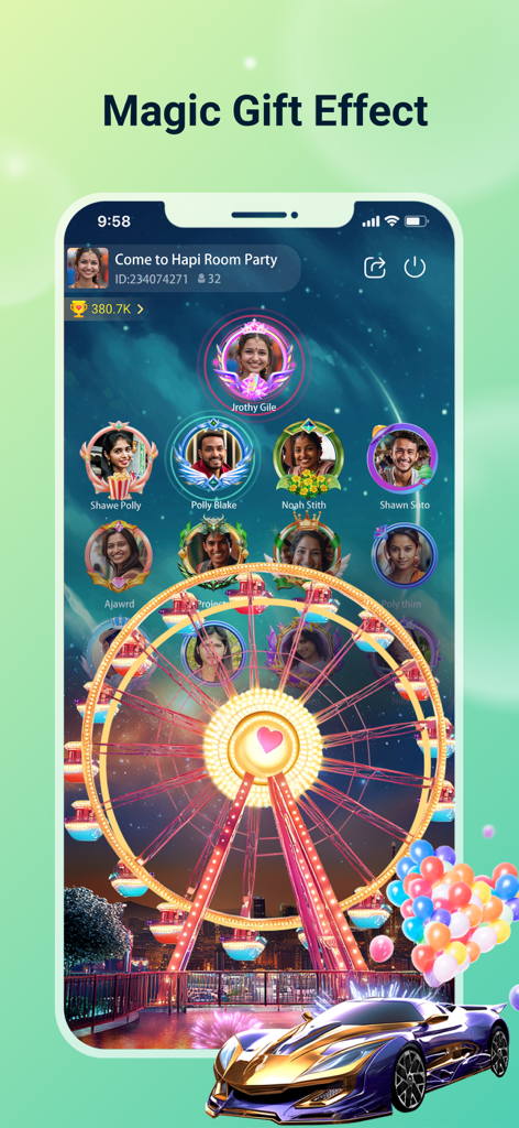 Hapi-Group Voice Chat - Hapi group voice chat room showing magic gift effects including a ferris wheel and a luxury car