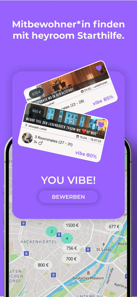 heyroom - WG's suchen & finden - Heyroom app interface displaying roommate listings with vibe scores and an interactive map showing rental prices in a city.