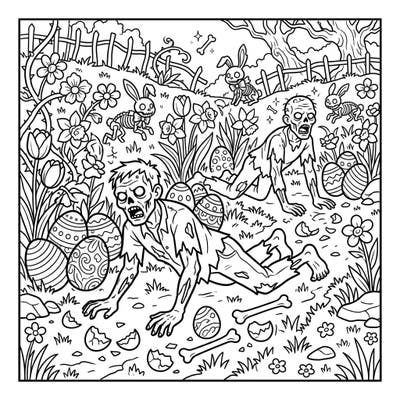 Unleash your creativity with this hilariously macabre Crawler Zombies Easter coloring page! Dive into a world where horror meets holiday, featuring crawling undead, vibrant eggs, and skeletal bunny companions.