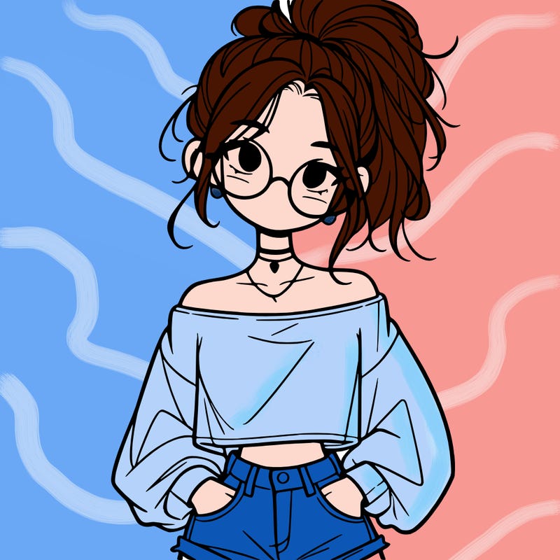 girl with a messy ponytail glasses a baggy crop top and jean shorts