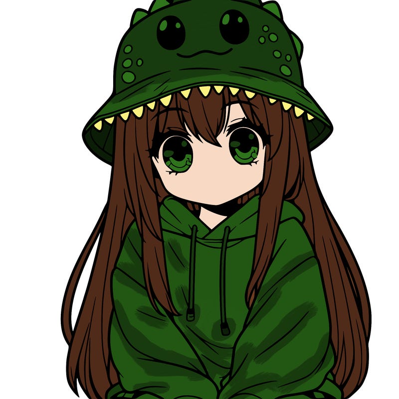 girl with anime shaped eyes with a dinosaur bucket hat oversized sweatshirt long straight hair