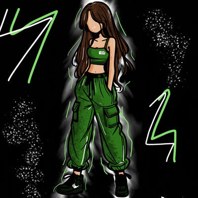 girl in baggy pants crop top and long hair