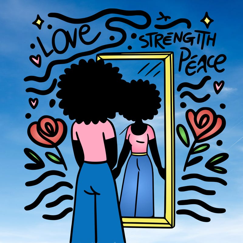 thinking with diversity in mind, a person standing in front of a mirror, with words like "love," "strength," and "peace" floating around them, with gentle waves of energy emanating from the words.