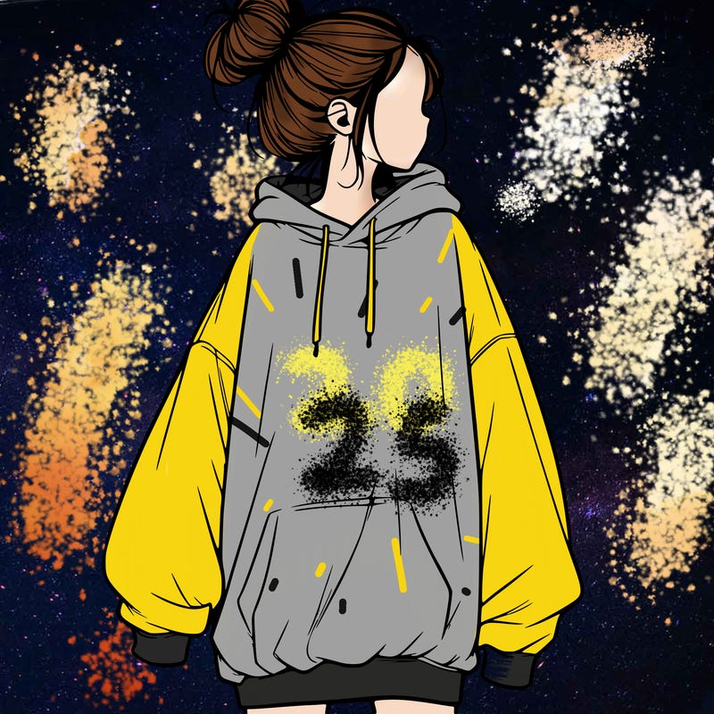 realistic girl with a oversized sweatshirt on and a bun