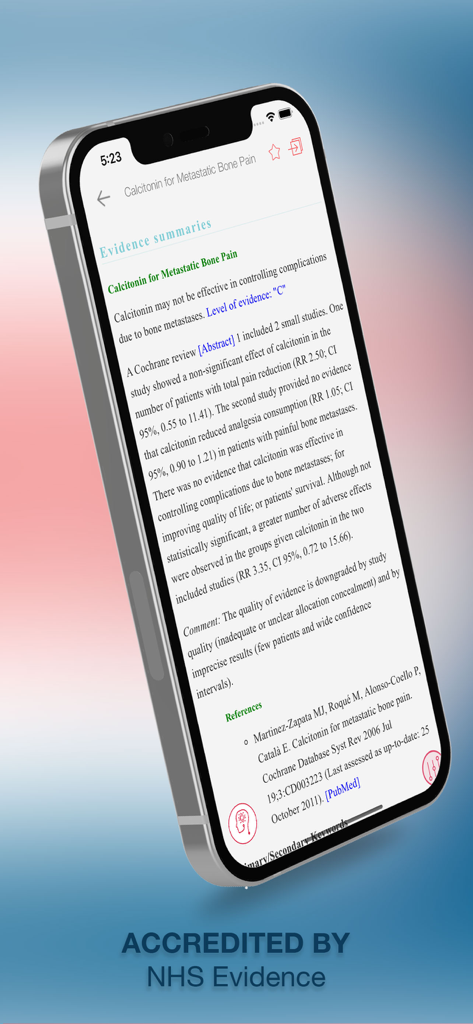 Evidence Based Medicine Guide - Screenshot of the Evidence Based Medicine Guide app displaying a clinical evidence summary for Calcitonin for Metastatic Bone Pain with NHS accreditation