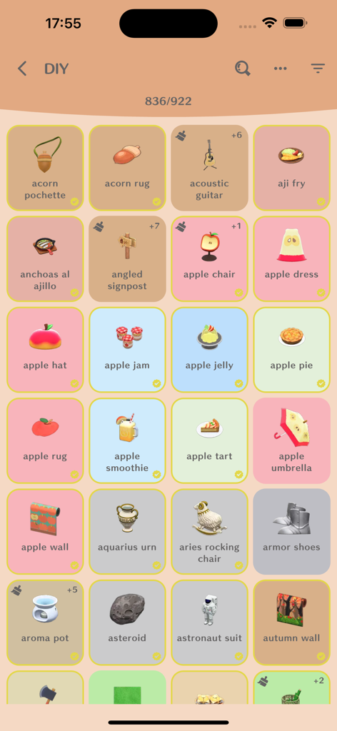 A grid view of DIY recipes in the Planner for AC NH app showing items like apple chair and acorn pochette with collection progress.