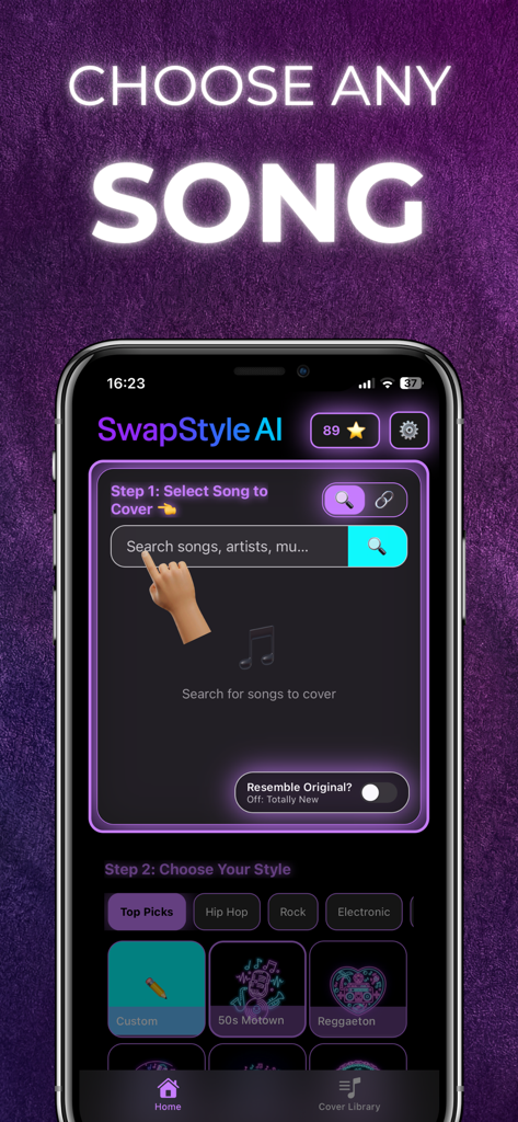 SwapStyle AI app interface showing step one to search for a song to cover and step two to choose a music style