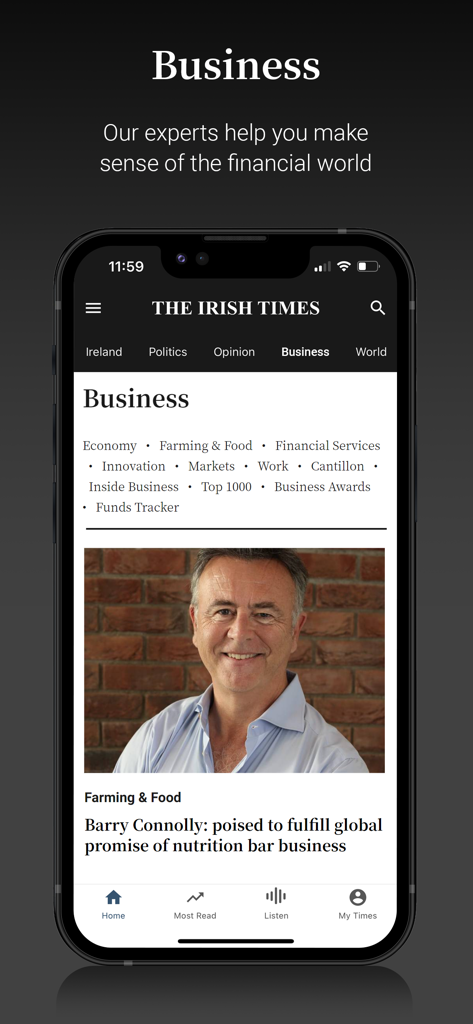 The Irish Times News - The Irish Times News 앱의 비즈니스 섹션을 보여주는 스크린샷으로 전문적인 금융 보도 및 카테고리가 포함되어 있음.