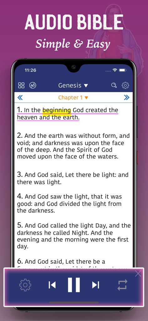 Biblia de Jerusalén Católica - Interface of the Catholic Jerusalem Bible app showing the Audio Bible feature with Genesis text highlighted and an audio player control bar