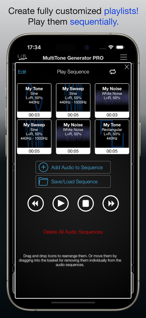 MultiTone Generator - Interface of the MultiTone Generator app showing a customized sequence of test tones, sweeps, and noise for playback.