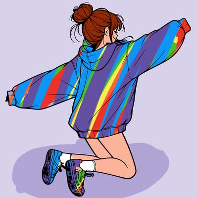 realistic girl jumping with a bun and oversized sweatshirt