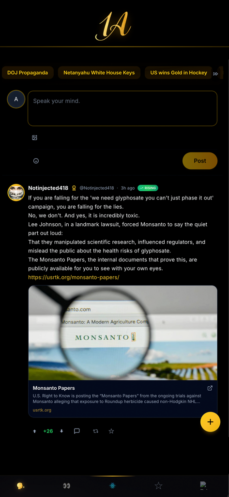 Screenshot of the Uncensored.AI app social feed showing a user post about the Monsanto Papers and various trending news topics.