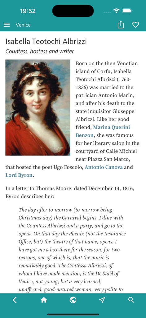 Biography of Isabella Teotochi Albrizzi featuring a portrait painting and historical text about her life in Venice.