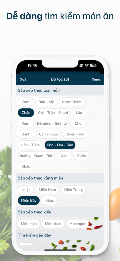 Món ăn ngon mỗi ngày - Vietnamese recipe app interface showing search filters for dish types and regions