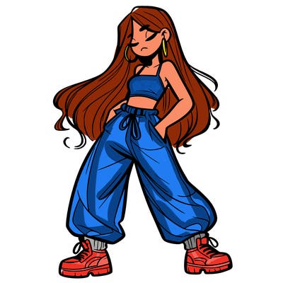 girl in baggy pants crop top and long hair