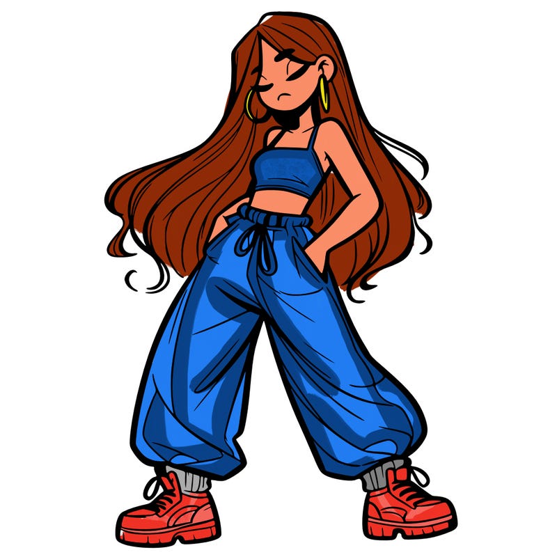 girl in baggy pants crop top and long hair