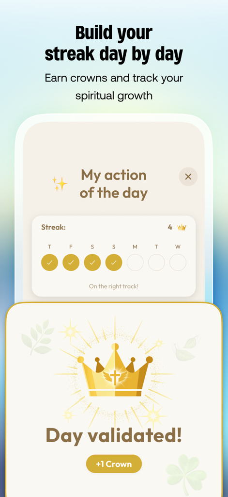 Rastreador de sequência diária e recompensas de crescimento espiritual no aplicativo Viven