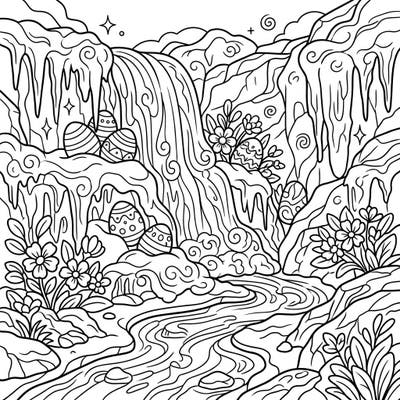 Immerse yourself in a magical coloring scene where the chill of a frozen waterfall meets the cheerful spirit of Easter. This unique template features intricate ice formations alongside charming decorated eggs and blooming spring flowers, perfect for a delightful creative escape.