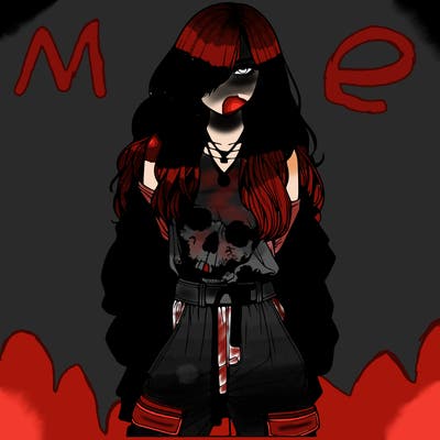 realistic girl with one eye covered with her long hair and has baggy pants and a shirt that has a skull and she has a cold expertion