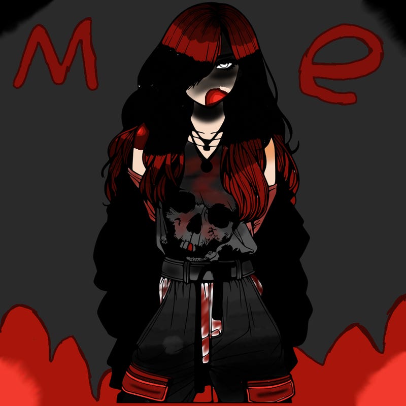 realistic girl with one eye covered with her long hair and has baggy pants and a shirt that has a skull and she has a cold expertion