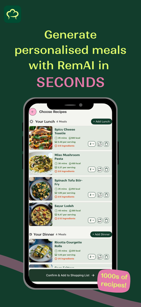 Interfaz de la aplicación Remy mostrando una lista de recetas personalizadas generadas por IA con tiempo de preparación, calorías y coste por porción.
