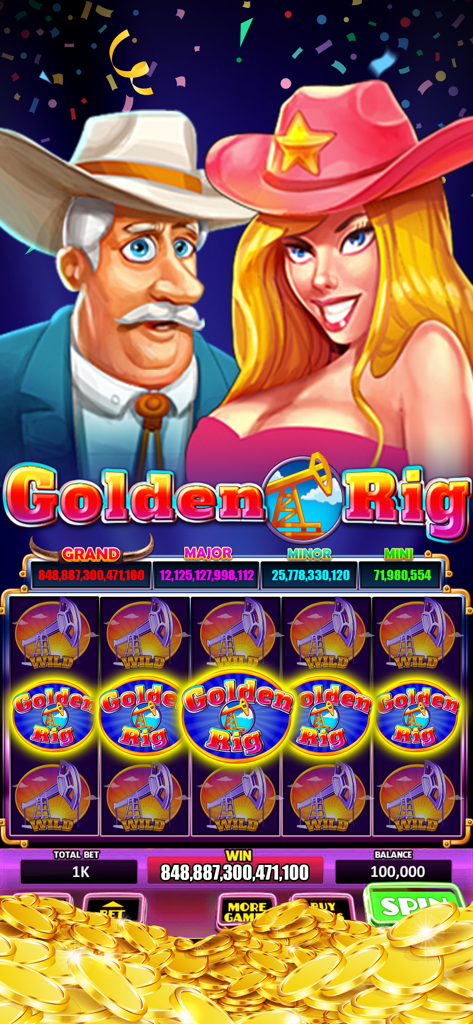 Spin&Win Slots Casino Games - Screenshot of the Golden Rig slot machine game featuring cowboy characters and a grand jackpot win