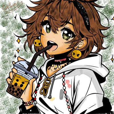 hot baddie anime girl drinking boba and biting the straw