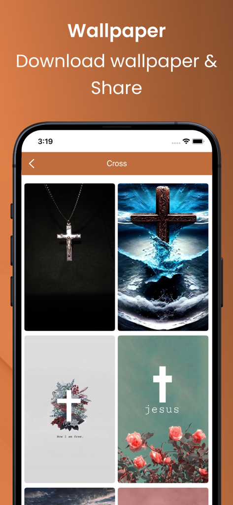 La Santa Biblia Católica. - Mobile app screen showing a selection of Catholic religious wallpapers with crosses and roses