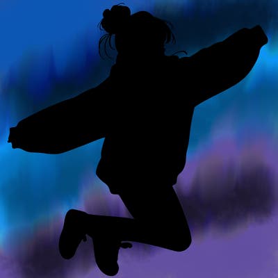 realistic girl jumping with a bun and oversized sweatshirt