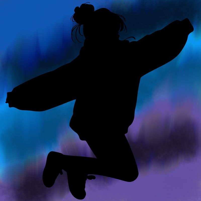 realistic girl jumping with a bun and oversized sweatshirt
