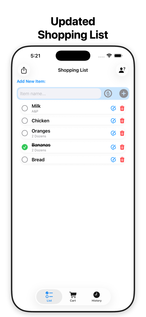 USmartCart - Pantalla de la aplicación USmartCart que muestra una lista de compras actualizada con artículos como leche, pollo y naranjas.