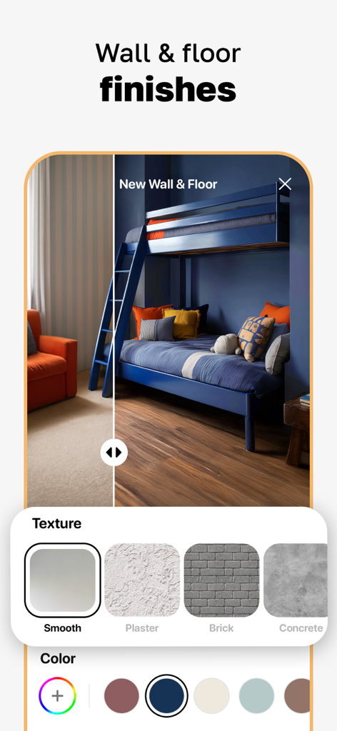 AI Home Design: DecoLab - AI app interface for customizing wall and floor finishes in a kids bedroom