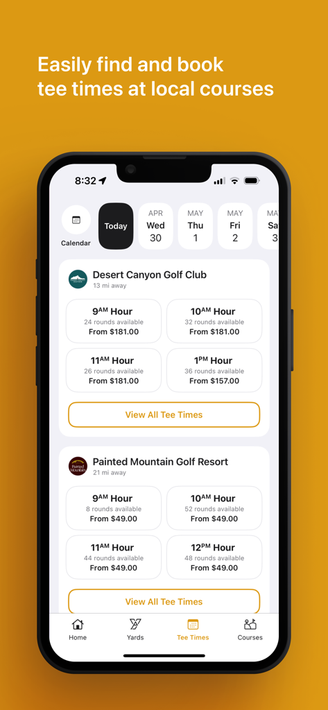 Interfaz de la aplicación Yards Golf para reservar horarios de salida en campos de golf locales mostrando horas y precios disponibles