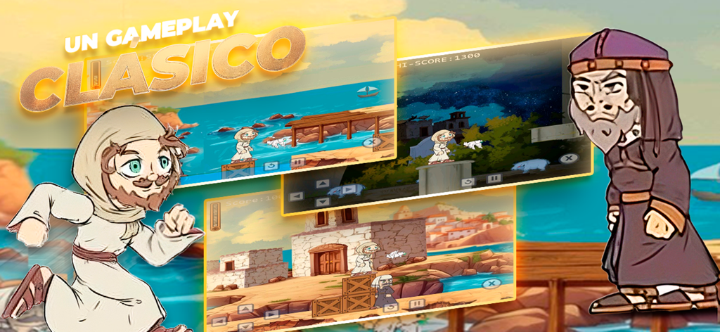 The king Jesus Videogame Spa - 주님 예수 게임의 스크린샷으로, '고전적인 게임 플레이'라는 텍스트와 함께 캐릭터 아트 및 다양한 게임 레벨 미리보기가 표시됩니다.