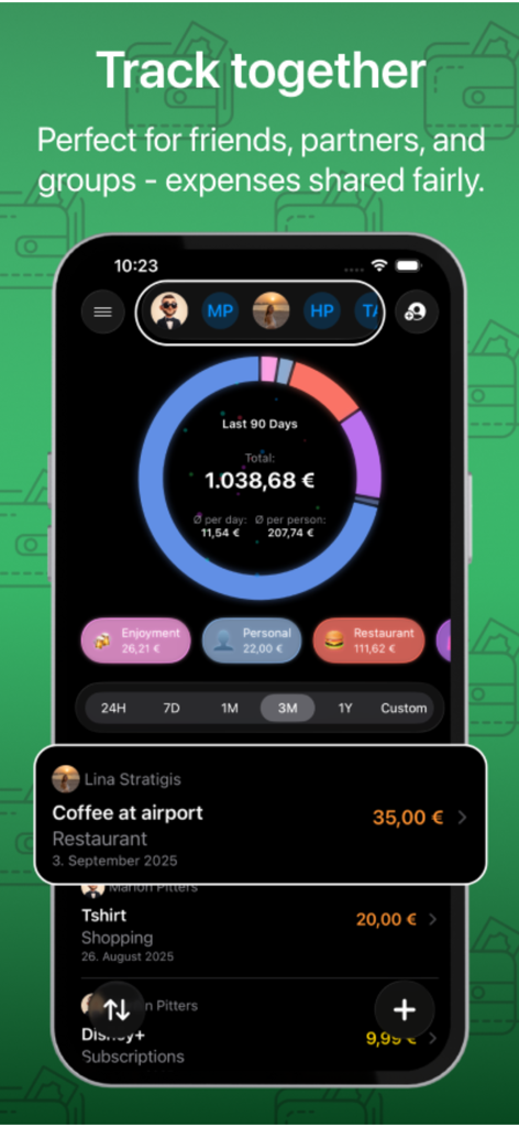 Costify: Expense Tracker - Costify mobile app interface showing shared group expenses with a spending pie chart and transaction list