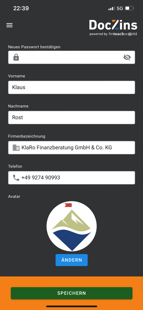 User profile settings screen in the DOCZINS financial app showing personal and company information fields.