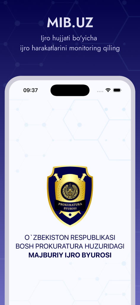 mib.uz - The start screen of the mib.uz app showing the Compulsory Enforcement Bureau of Uzbekistan logo