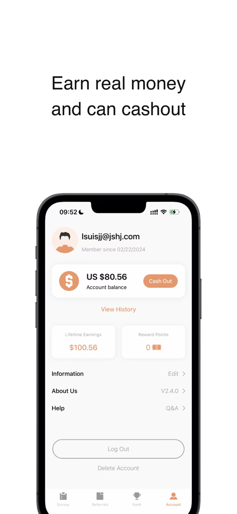 Survey Spring Cash - Earn cash - Survey Spring Cash app account interface showing earned money balance and cash out button
