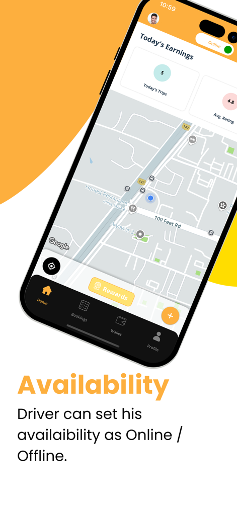 TaxiCube Driver app screen showing earnings map navigation and online status toggle