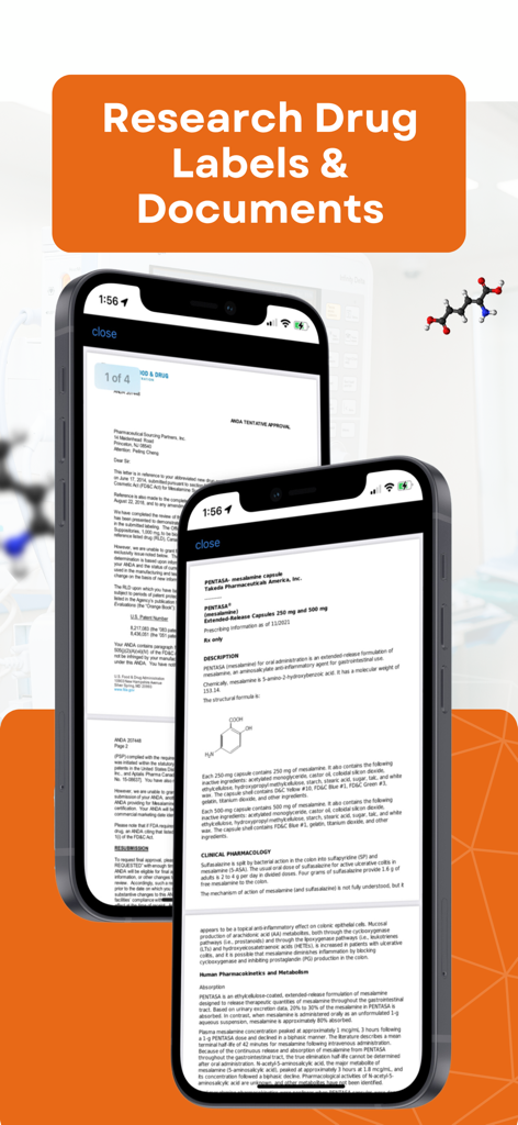 Smart Pill ID - Identify Drugs - Deux iPhones affichant les étiquettes officielles de médicaments de la FDA et les documents du fabricant pour la recherche de médicaments.