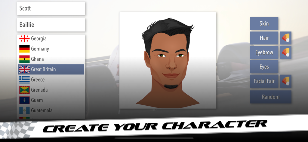 Motorsport Superstar - Character creation menu in Motorsport Superstar showing customization options for the driver avatar