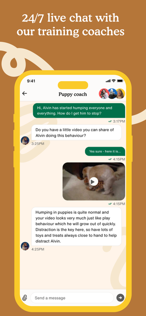 Interfaz de la aplicación Zigzag que muestra una conversación de chat en vivo con un entrenador profesional de cachorros sobre consejos de comportamiento canino.