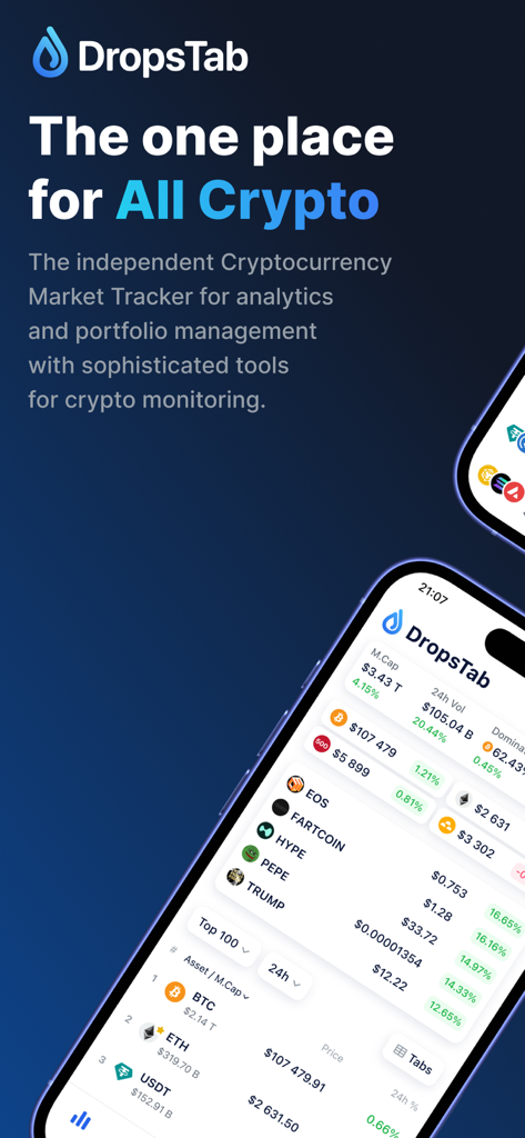 DropsTab Crypto Tracker - Interfaz de la aplicación móvil DropsTab Crypto Tracker mostrando precios de criptomonedas en vivo y estadísticas del mercado