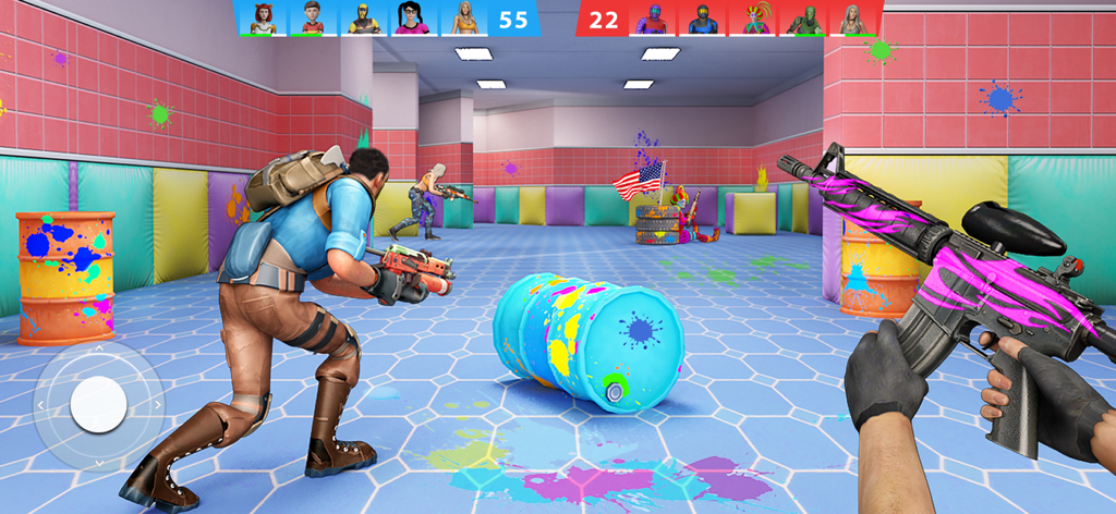 Paintball Shooting Team Strike - Una colorida arena de paintball interior con jugadores y equipo táctico en acción